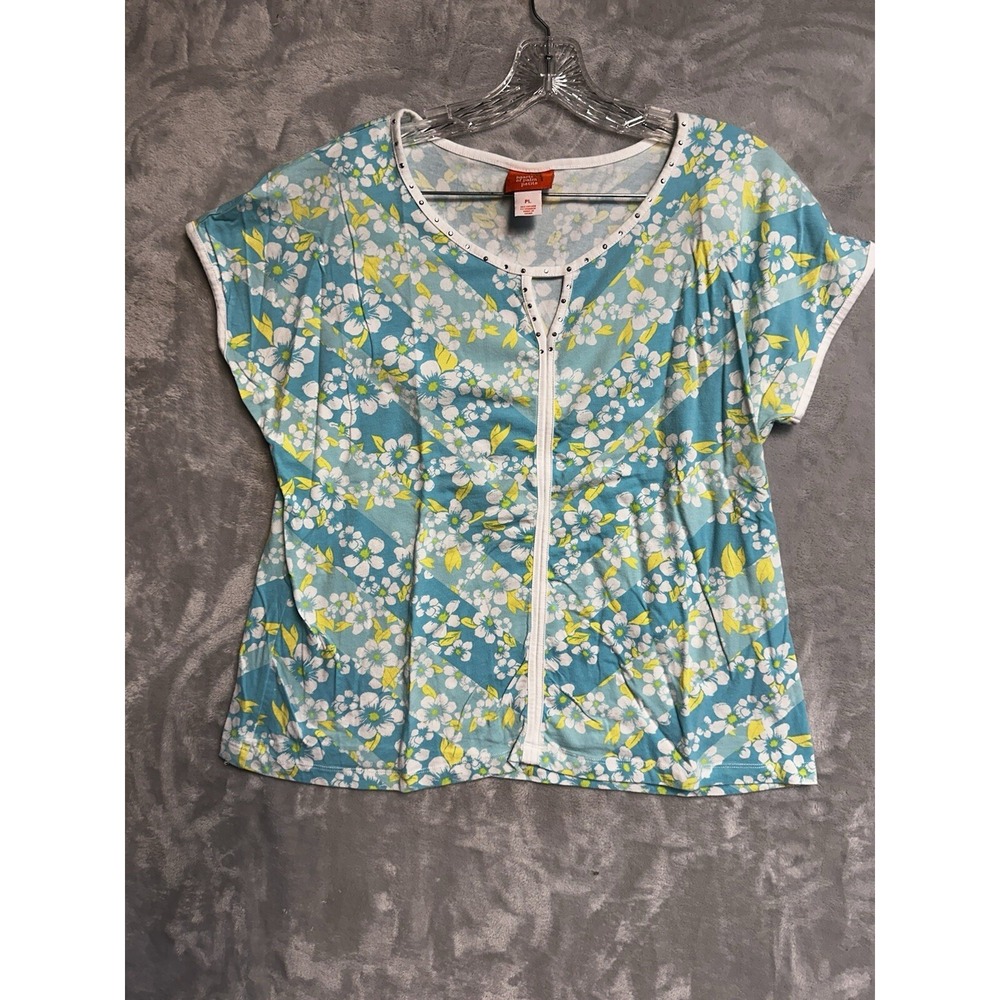 Petite Women's Top Studded Gems Tropical V-Neck Vibrant Hearts of Palm Size PL